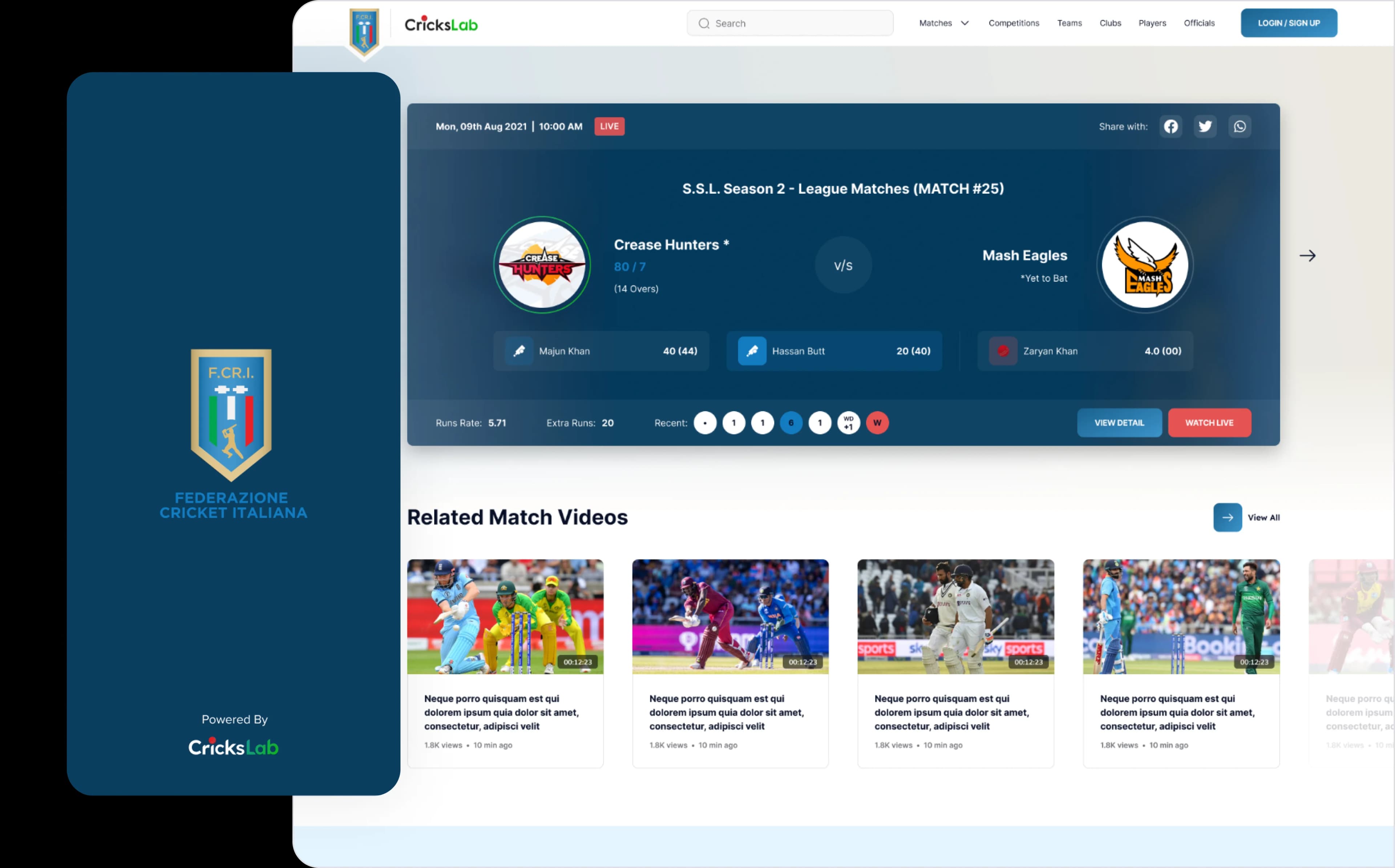 Italian Cricket Federation match centre running on Crickslab