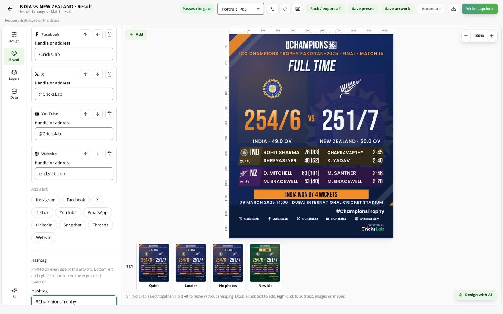 The Brand tab adding social links to a result post