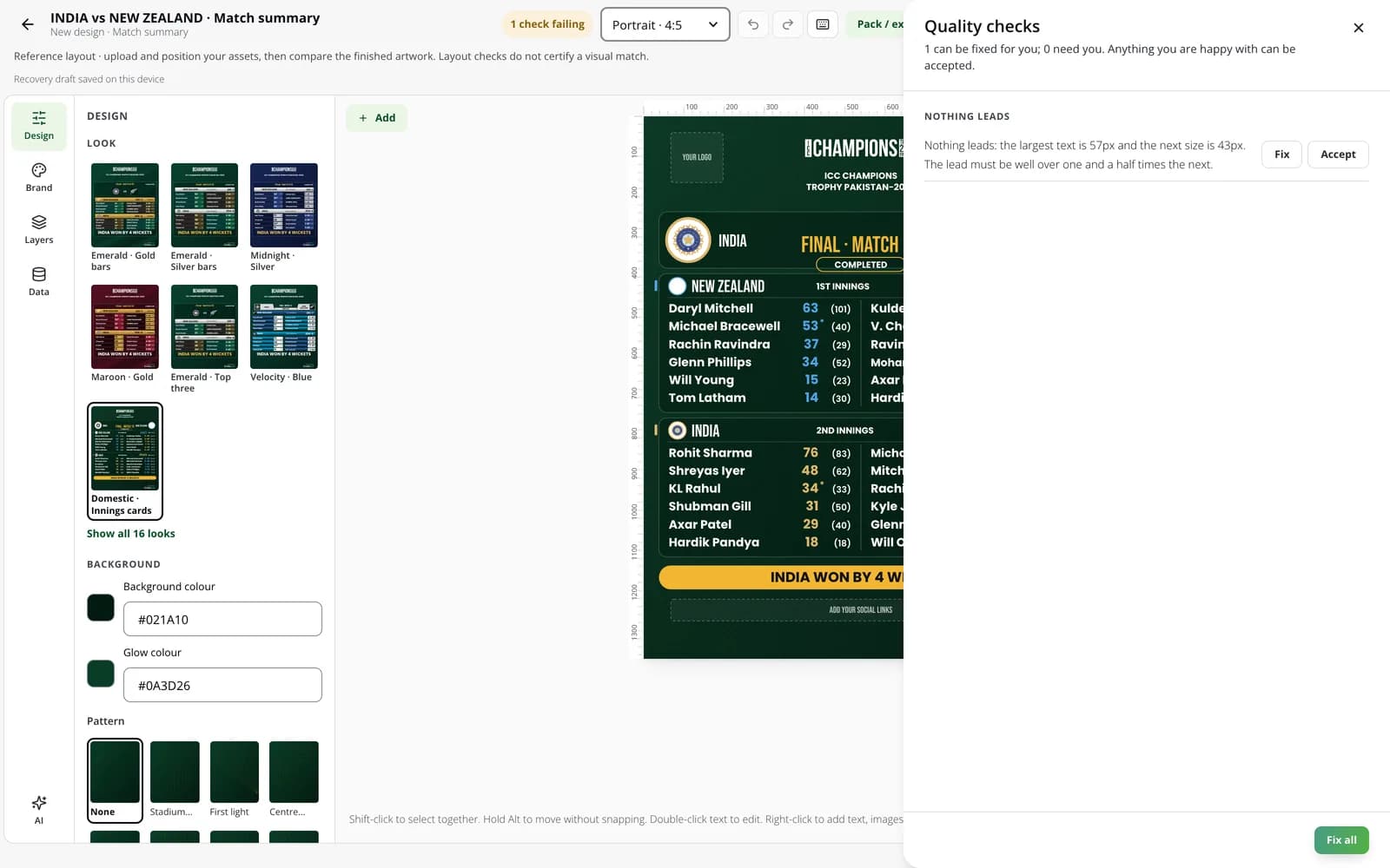 The quality checks panel explaining a finding with Fix and Accept