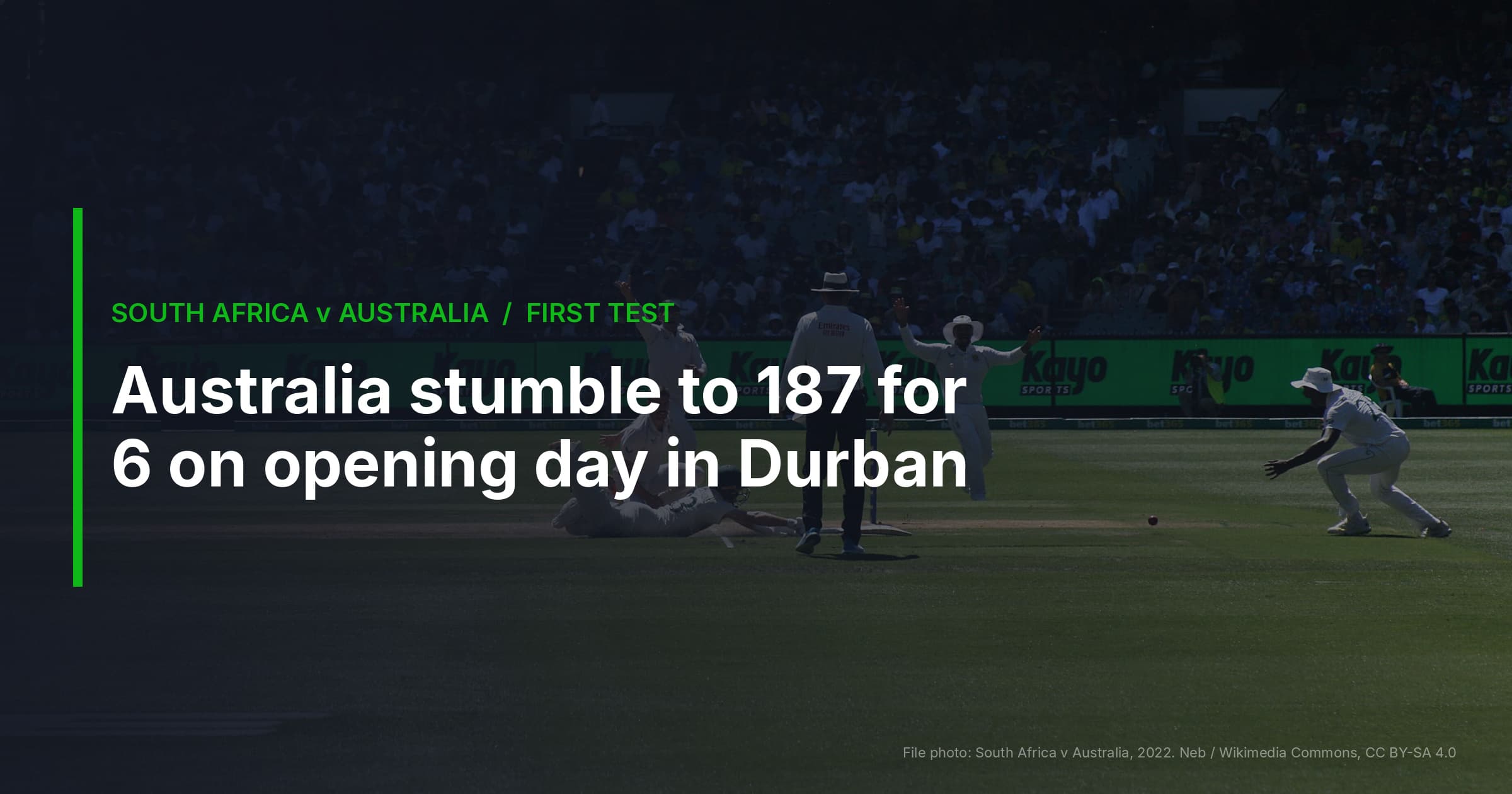 Australia 187 for 6 at stumps on Durban Test day one