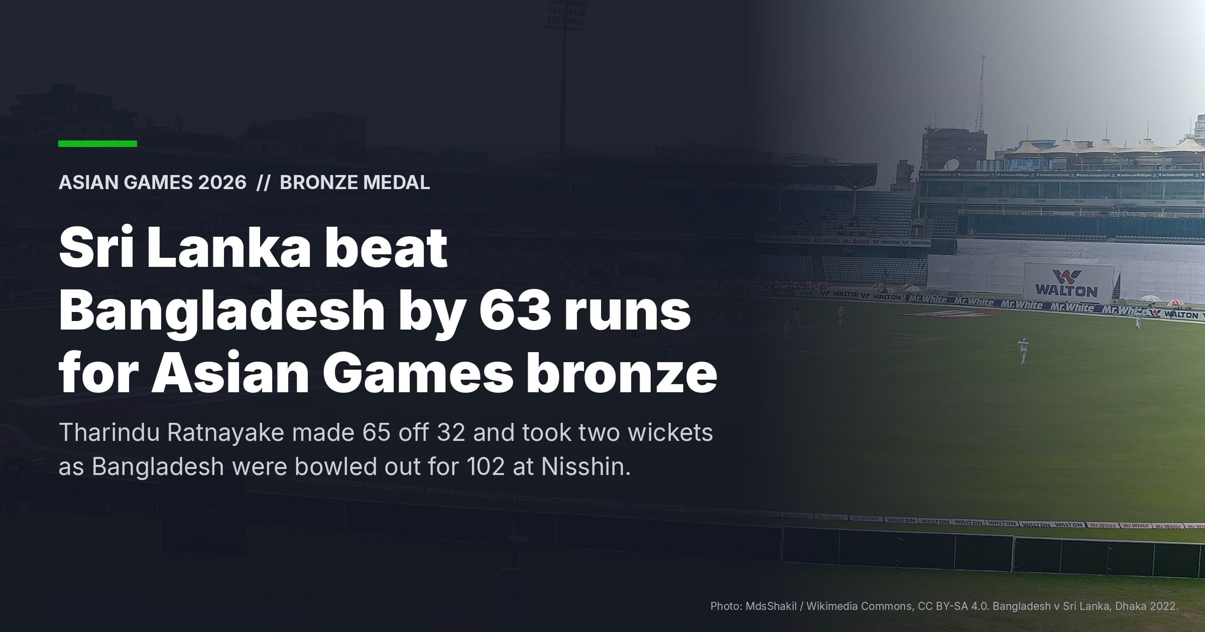 Sri Lanka Beat Bangladesh by 63 Runs for Asian Games Cricket Bronze Medal