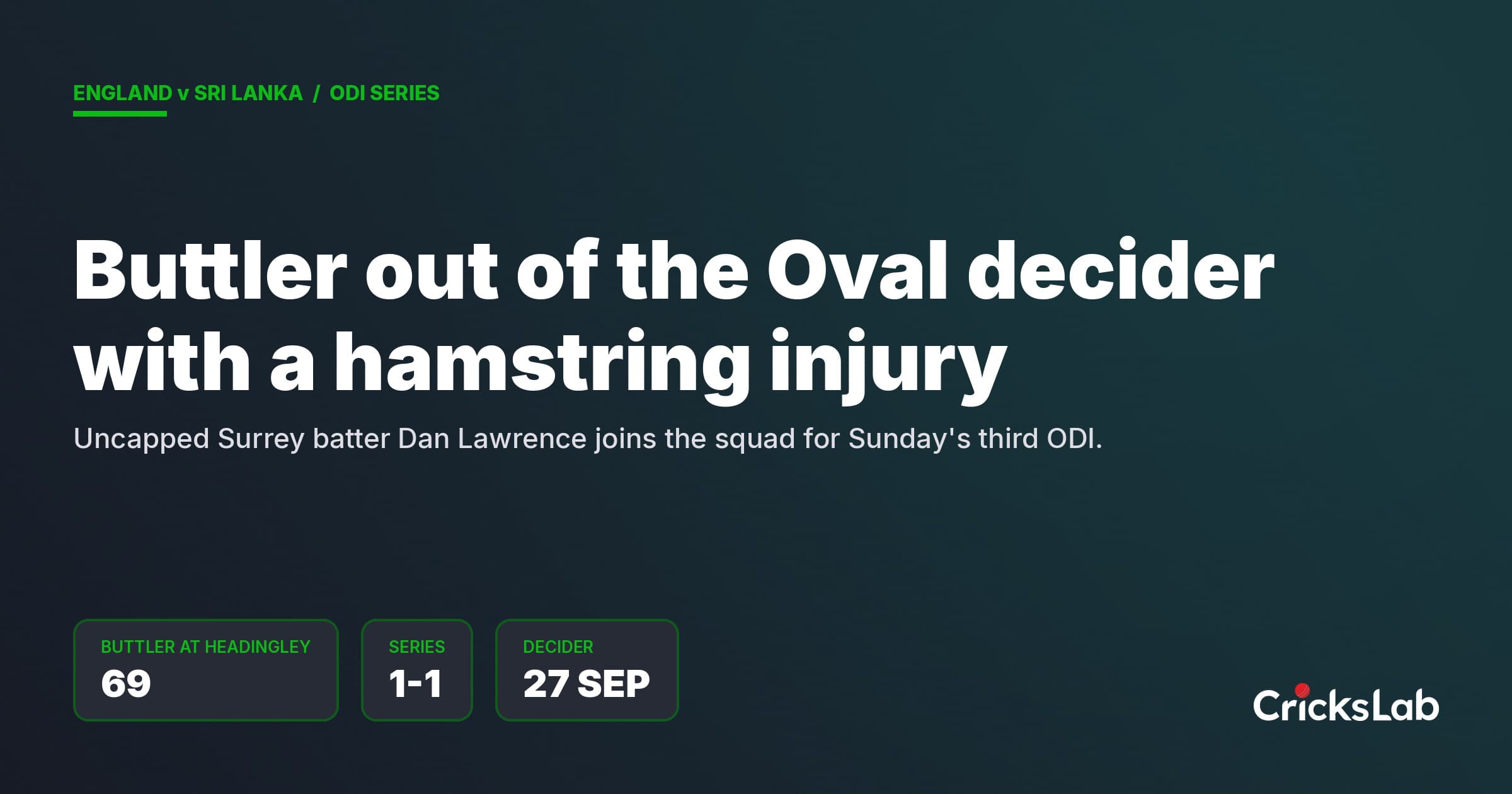 Jos Buttler Ruled Out Of Oval Decider As Dan Lawrence Is Called Up