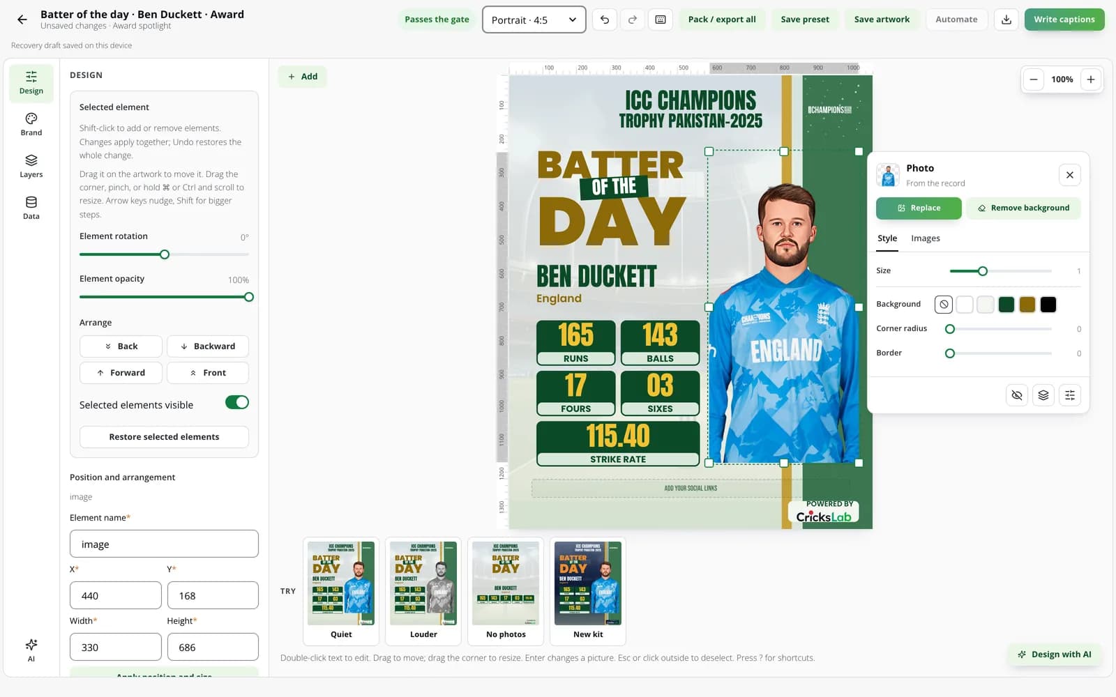 The Artwork Studio editor with a player photo selected and its picture menu open