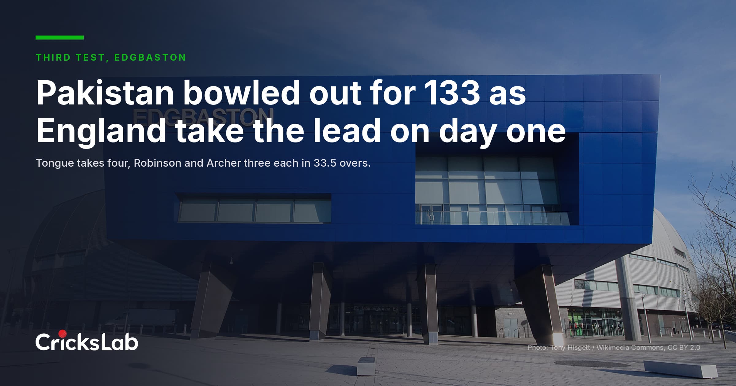Pakistan Bowled Out For 133 As England Lead On Day One At Edgbaston